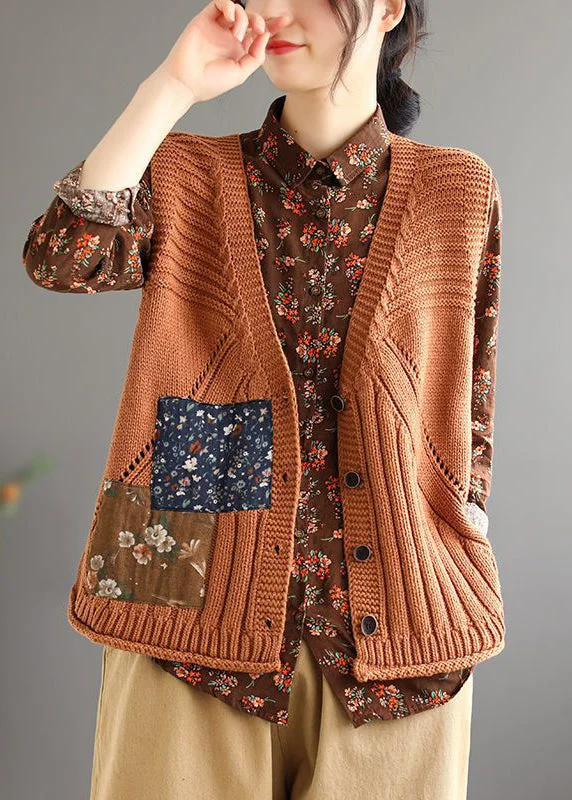 Women Orange Button Patchwork Cozy Cotton Knit Waistcoat Sleeveless