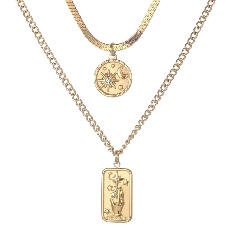 Retro Geometric Star Titanium Steel Zircon 18K Gold Plated Plating Inlay Layered Necklaces