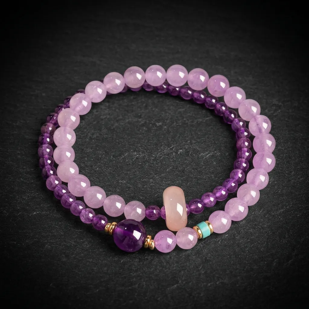 JiStones Serene Abundance: Natural Amethyst & Rose Quartz Double-Layer Bracelet Celestial Violet & Rose Quartz Edition