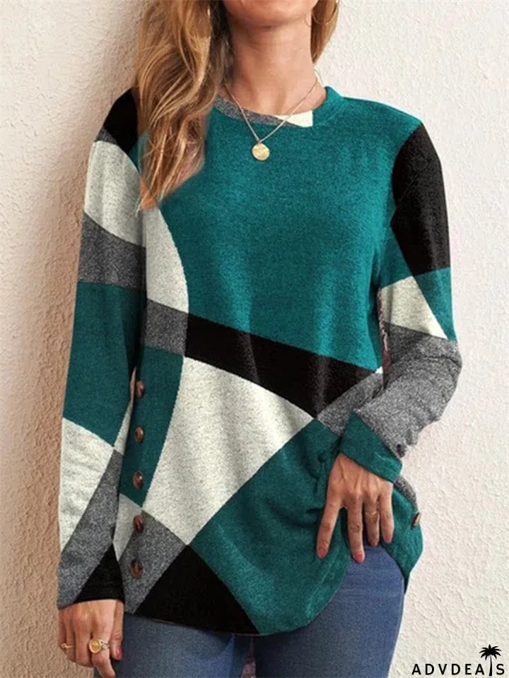 Geometric Contrast Color Long Sleeve Side Button Female T-shirts