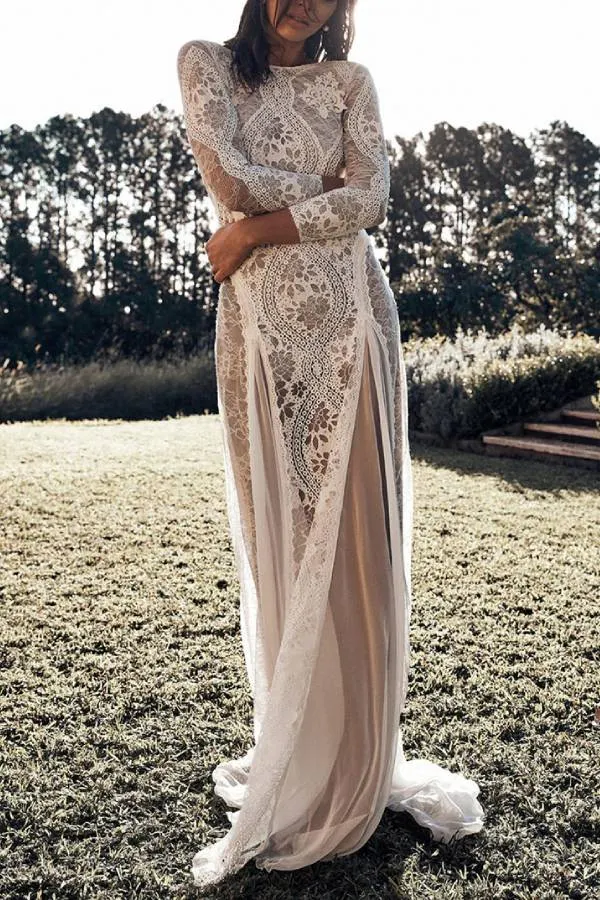 Lace open back long sleeve fairy trailing wedding dress