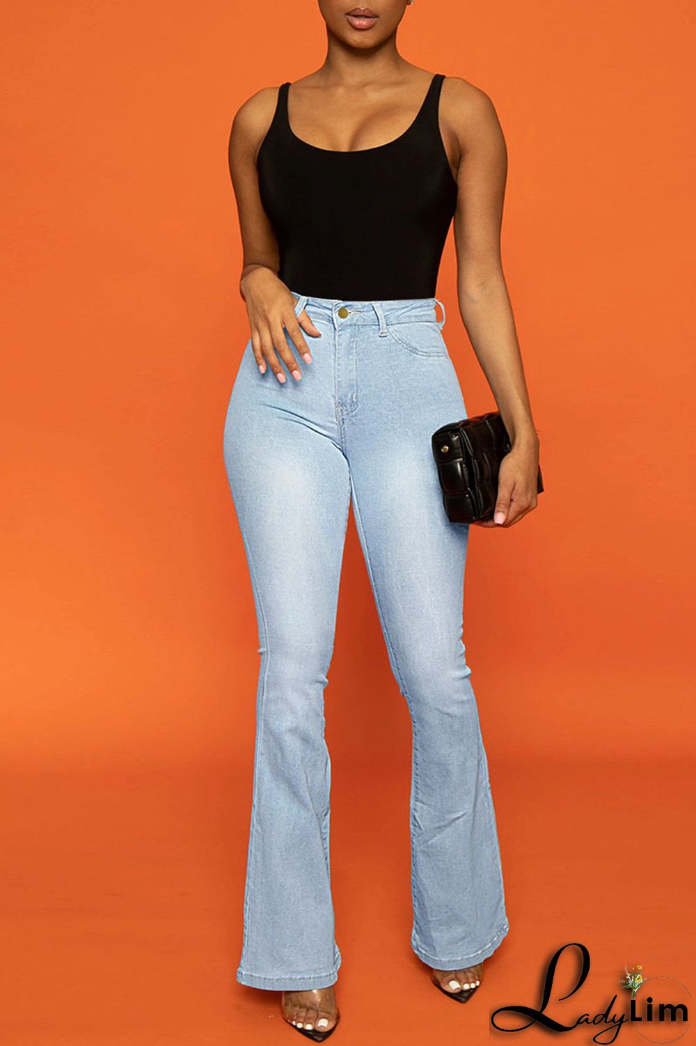 Dark Blue Casual Solid Patchwork High Waist Boot Cut Denim Jeans