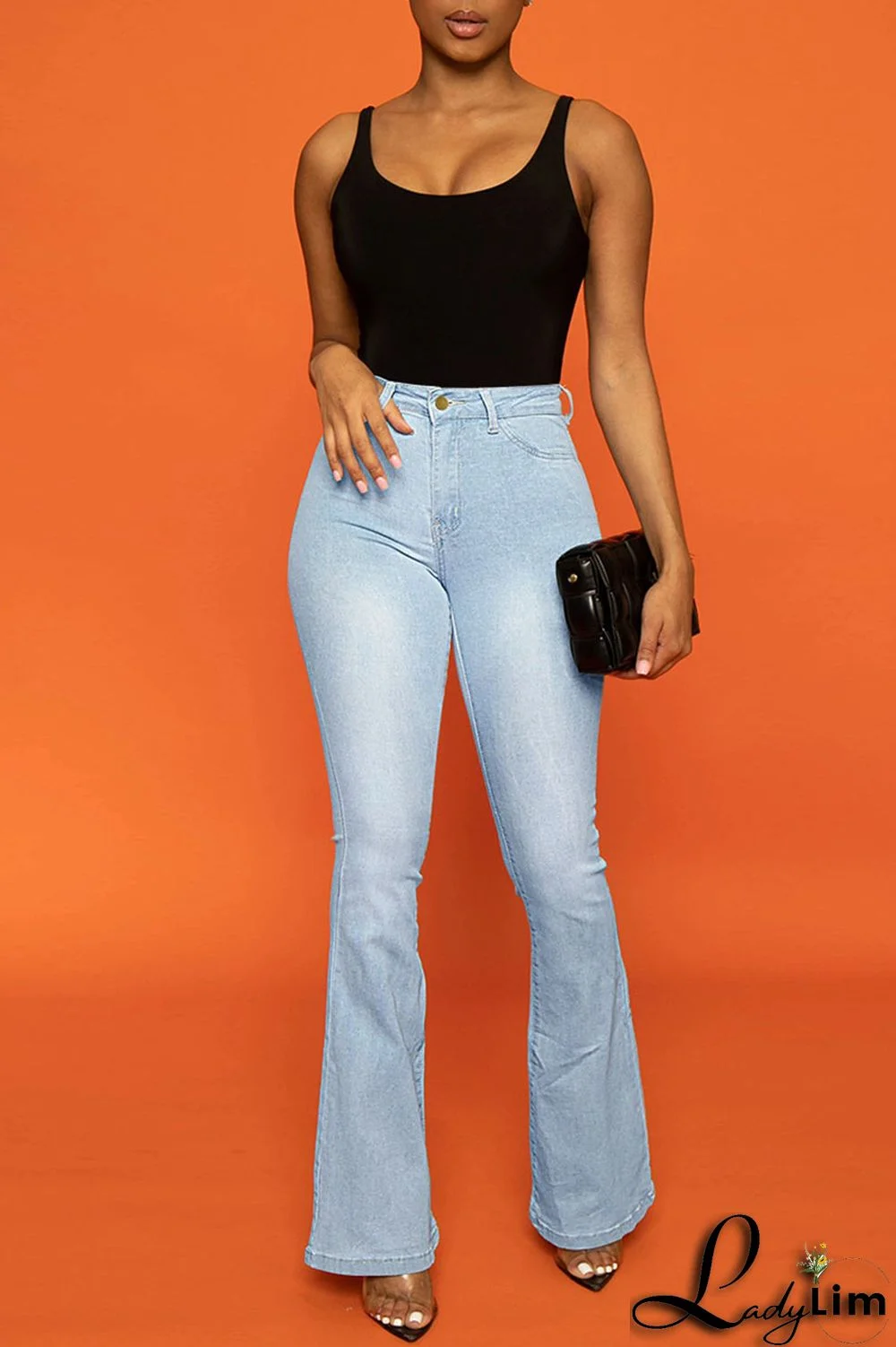 Dark Blue Casual Solid Patchwork High Waist Boot Cut Denim Jeans