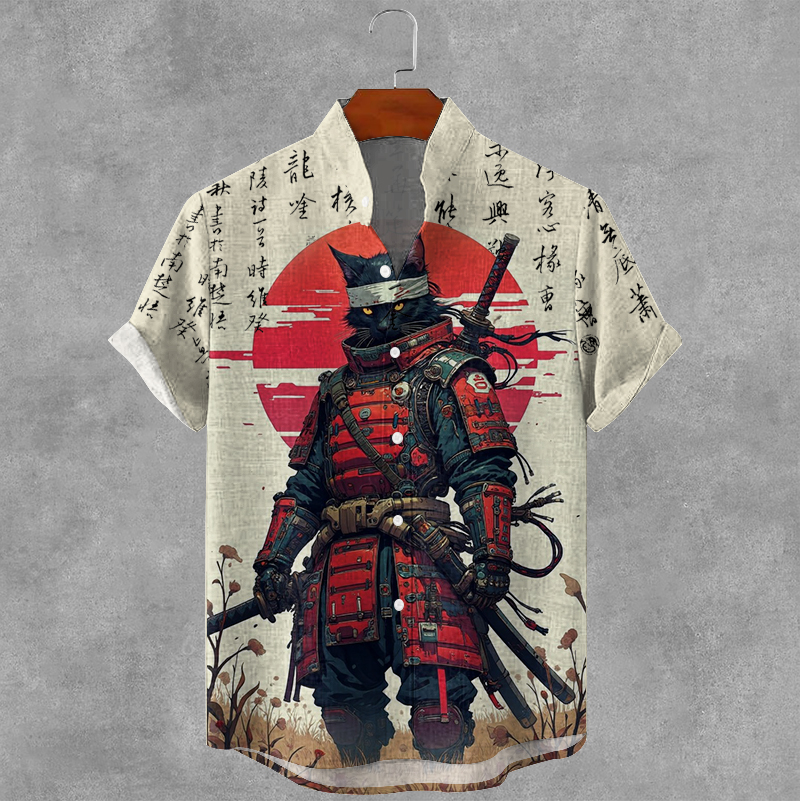 Men's Japanese Style Samurai Cat Art Print Short Sleeve Shirt elevenforest