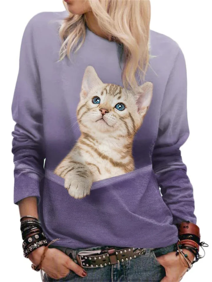 Female Long-sleeved T-shirt Milk Silk 3D Cute Cat Figure Large Size Women's Clothing