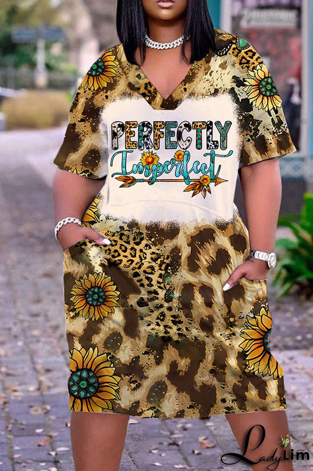 Light Brown Casual Work Print Patchwork V Neck Straight Dresses