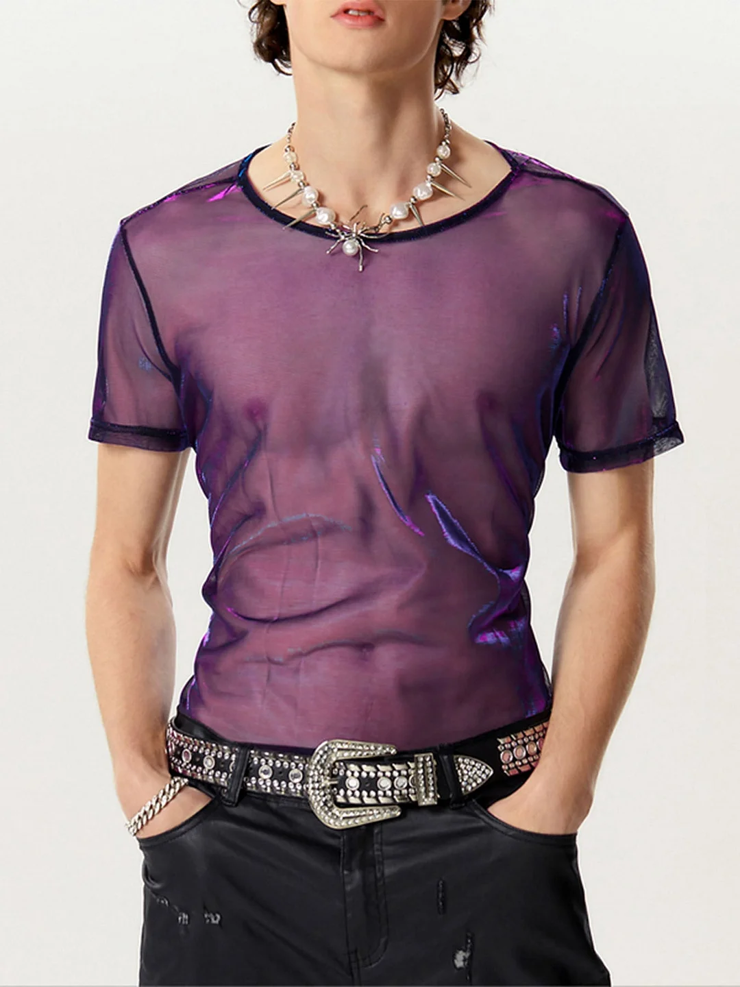 Aonga Mens See-through Two-tone Short Sleeved T-Shirts SKUI08937