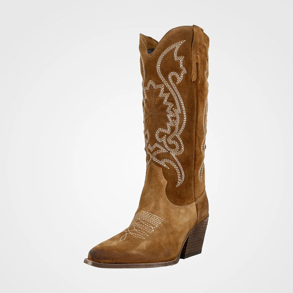 Brown Vegan Suede Closed Toe Embroidered Cowboy Boots for Women