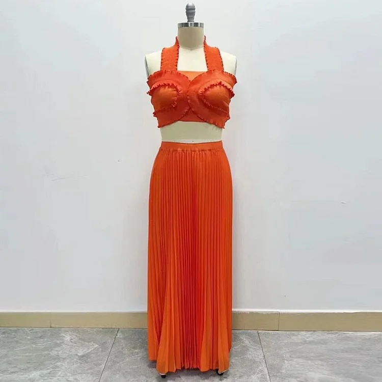 Stylish sexy ladies two-piece solid color pleated suit-DG0001YY