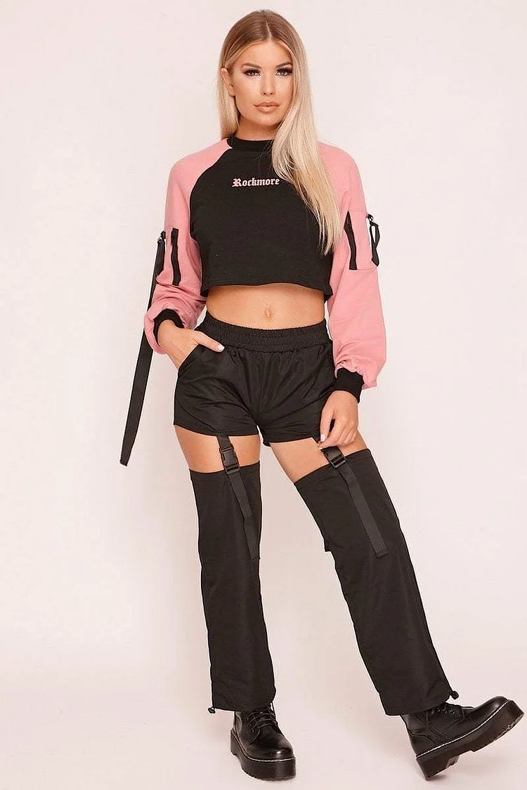 Black Cut Out Buckle Strap Cargo Trousers Katch Me