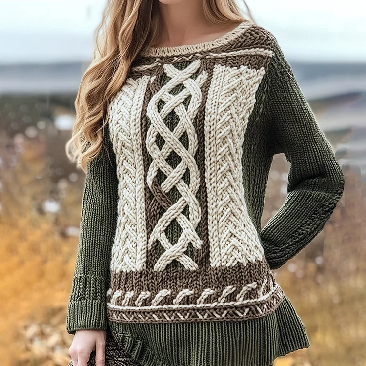 Women's Irish Pattern Jacquard Cozy Crew Neck Sweater