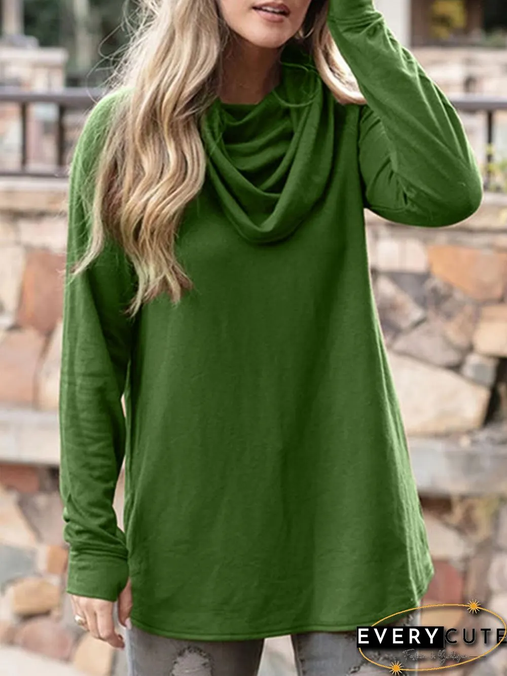 Women Plus Size Cowl Neck Vintage Long Sleeve Casual Tops