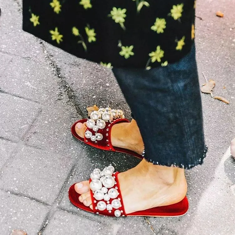 Red Jeweled Sandals Flats |FSJ Shoes