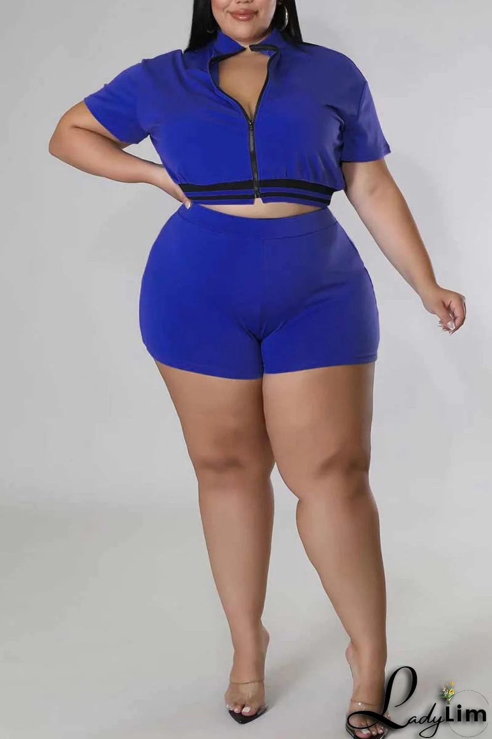 Black Casual Solid Patchwork Zipper Plus Size Two Pieces