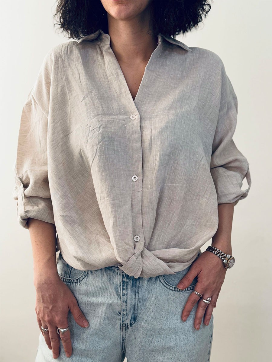 Cotton and linen V-neck knotted shirt