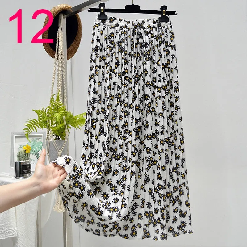 Summer Skirts Womens 2020 New Vintage Floral Print Chiffon Pleated Skirt Elastic High Waist Casual Midi Skirt Women Clothes Jupe