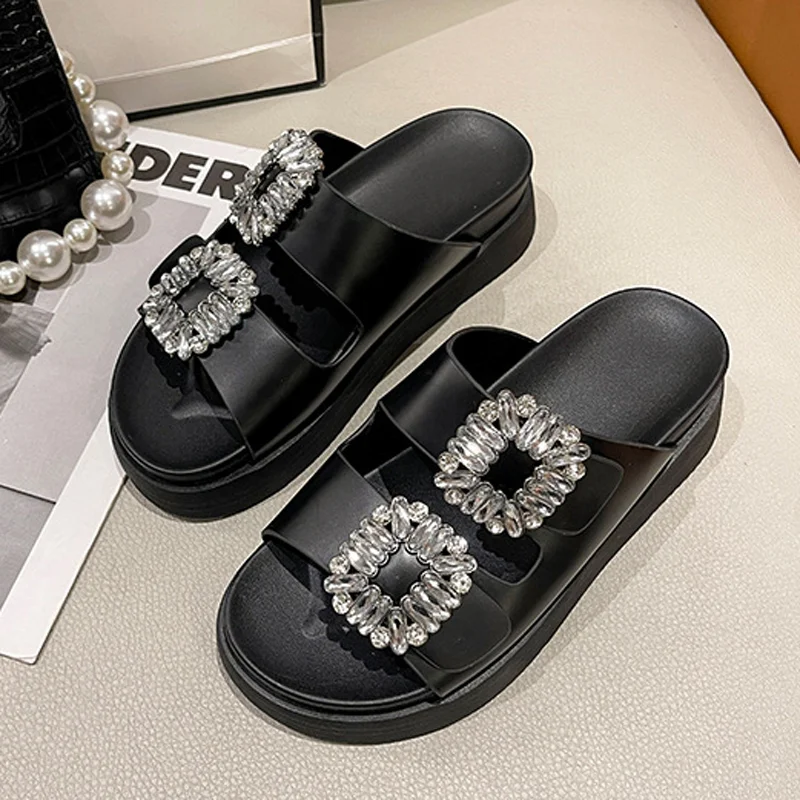 Zhungei Brand Rhinestone Shoes Ladies High Heels Platform Sandals Double Buckle Band Slippers Woman Muffins Crystal FlipFlops Mujer