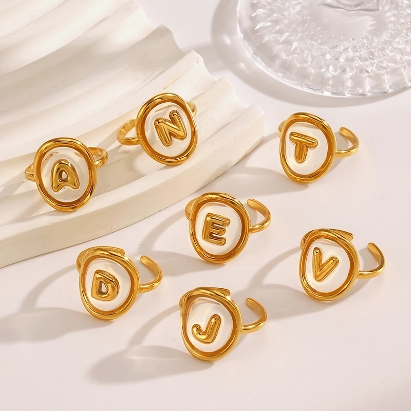 Vintage Style Minimalist Letter 304 Stainless Steel Resin 18K Gold Plated Open Rings