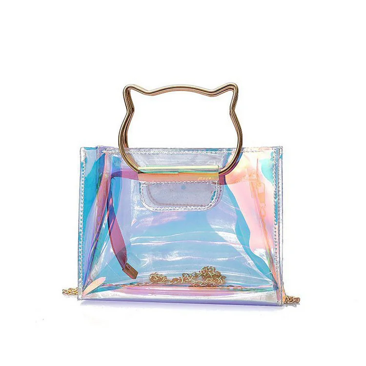 Golden Cat Laser Transparent Shoulder Bag with Golden Chain | AvasHome