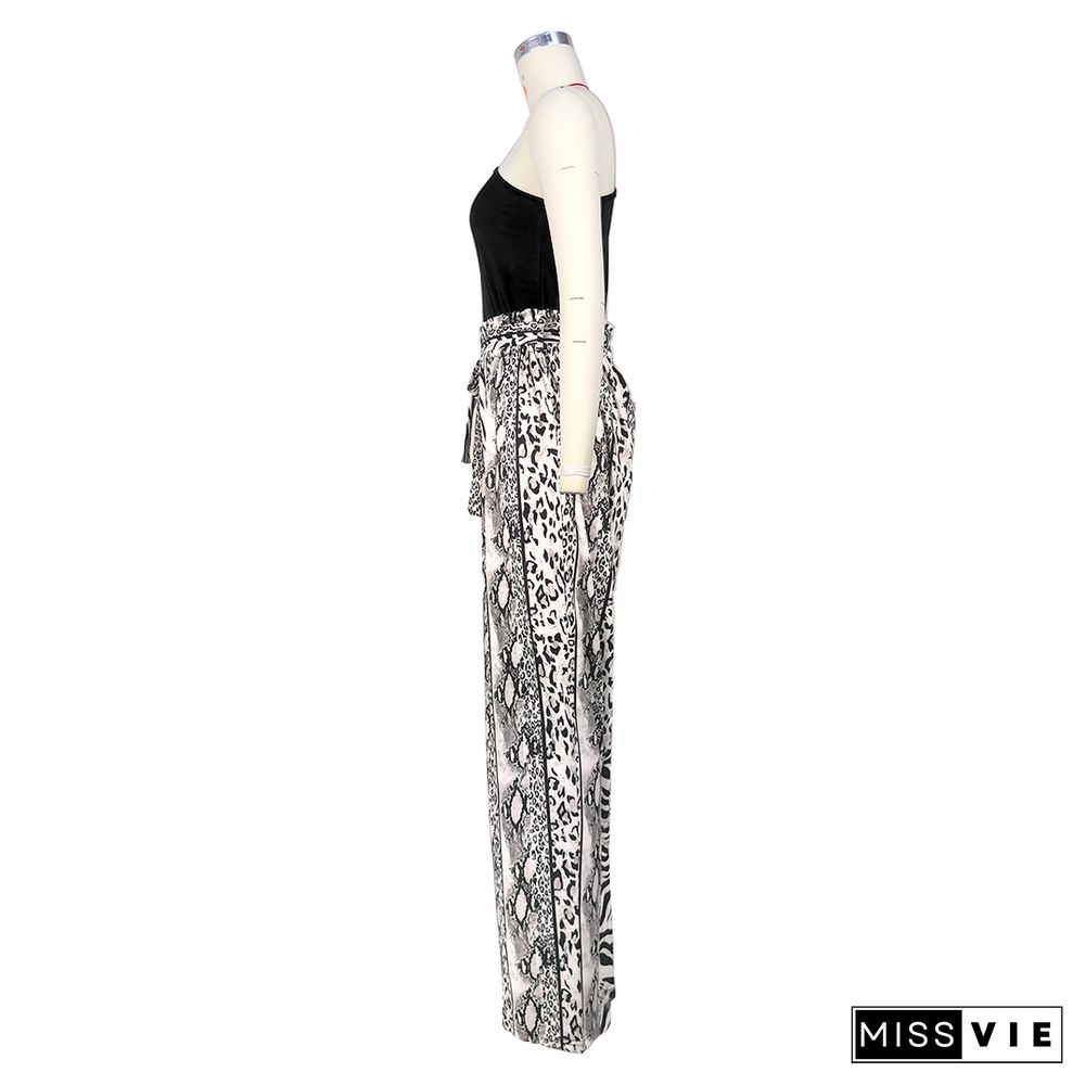 Single Shoulder Patchwork Lace Up Wide Leg Jumpsuits