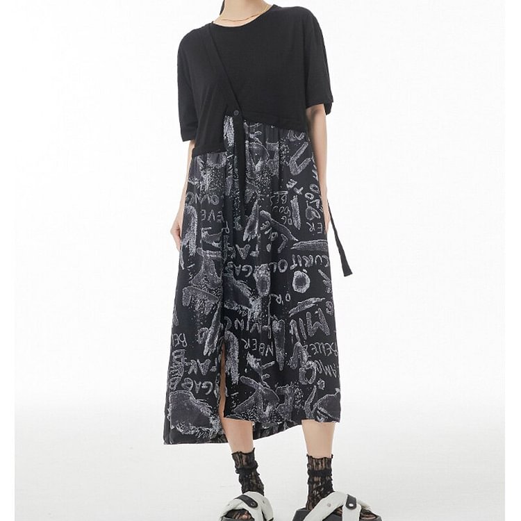 Street Loose O-neck Asymmetrical Graffiti Letter Printed Patchwork Half Sleeve Dress      