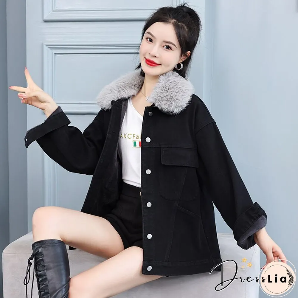Heart Print Denim Jacket Women Winter Fashion Fur Collar Jeans Students Casual Thick