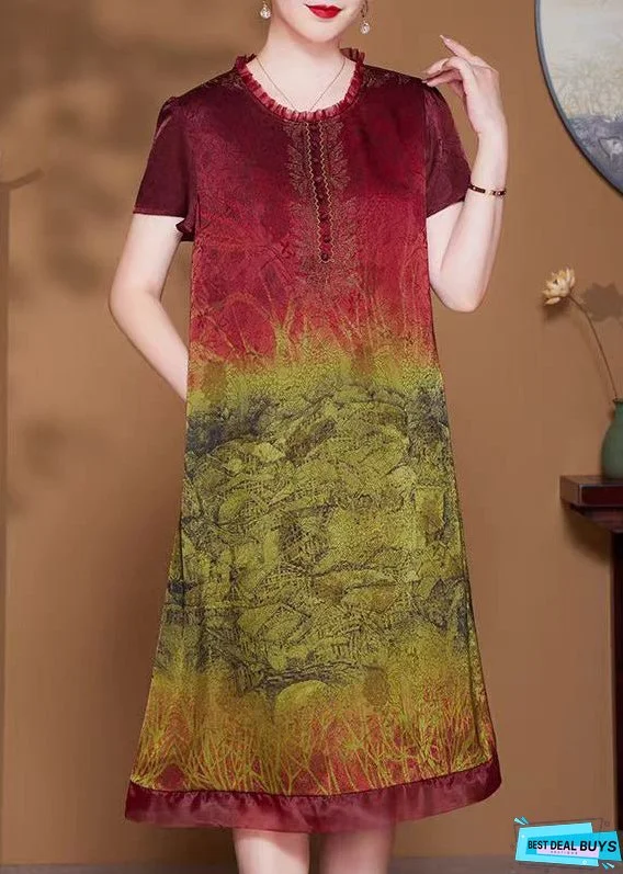 Red Print Pockets Silk Dress O-Neck Short Sleeve