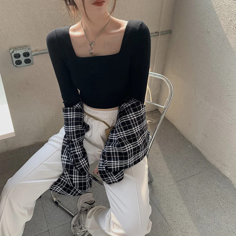 Brownm Brownm Autumn Hot Girl Square Collar Short Jacket Female Autumn Dress 2024 New Slim Inside The Bottom Shirt Long-Sleeved T-Shirt Female
