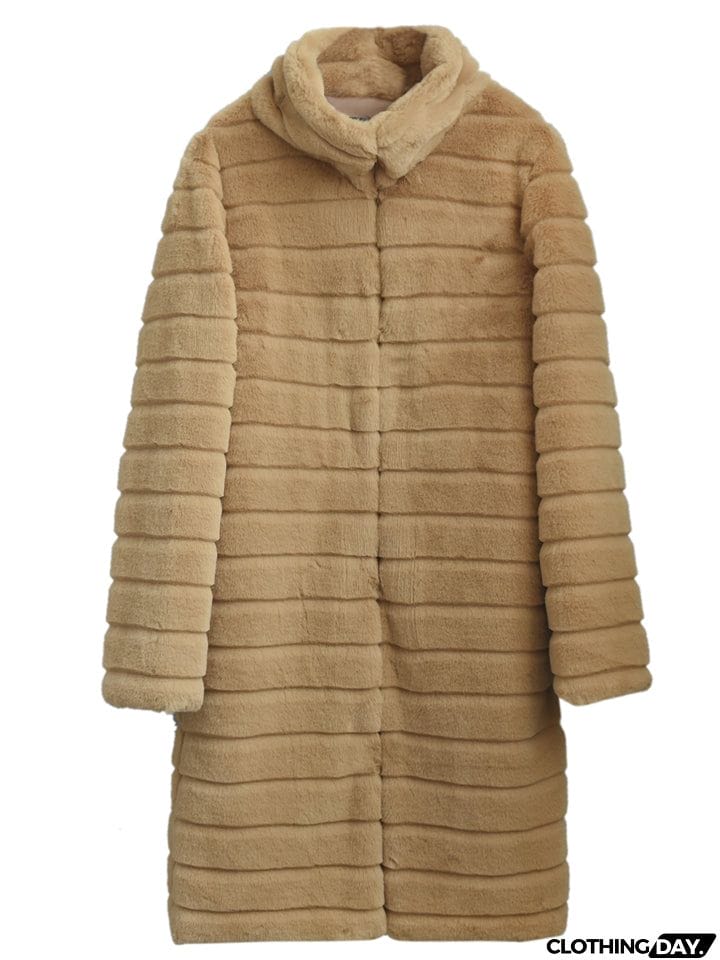 Stylish Striped Stand Collar Women's Comfy Mid-Length Fuzzy Coat