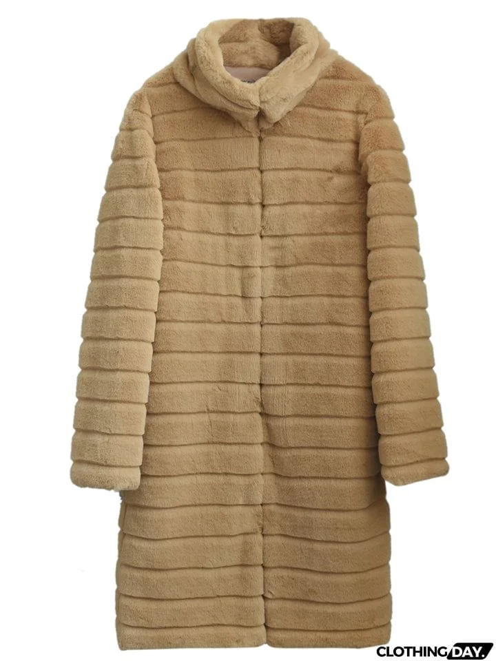 Stylish Striped Stand Collar Women's Comfy Mid-Length Fuzzy Coat