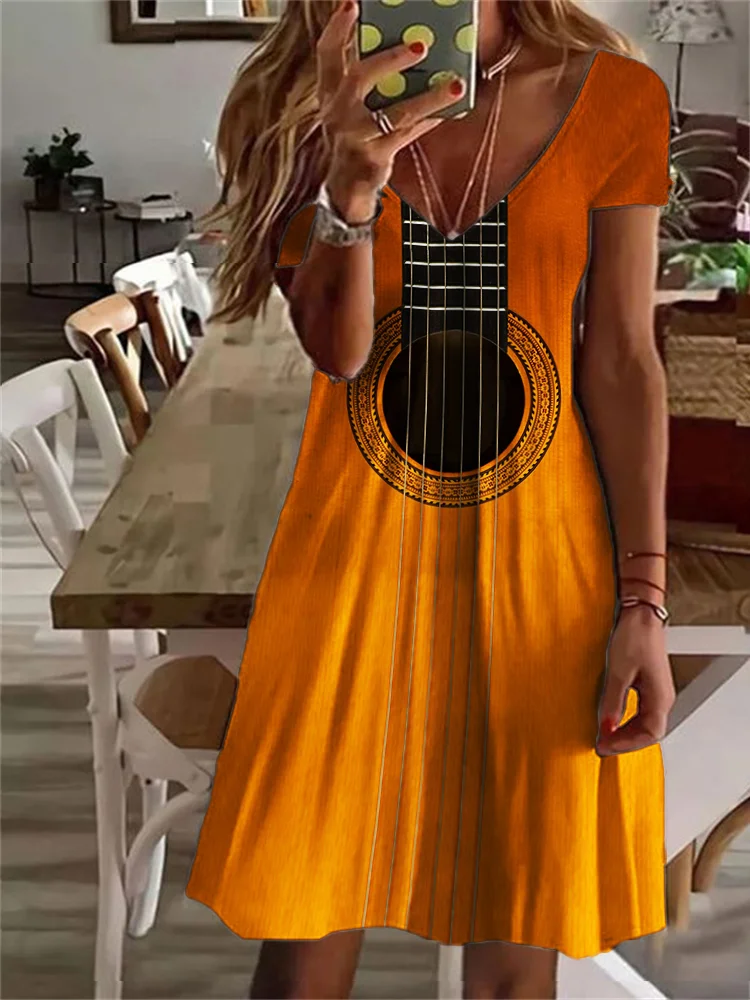 Guitar Inspired Gradient V Neck Midi Dress