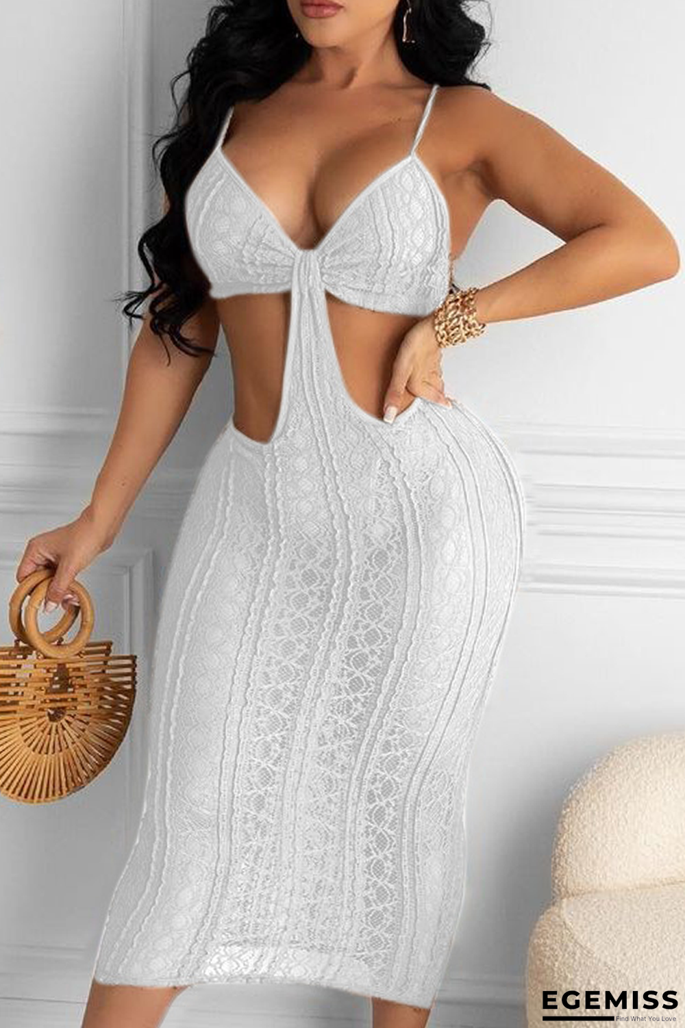 White Sexy Solid Hollowed Out Spaghetti Strap Pencil Skirt Dresses | EGEMISS