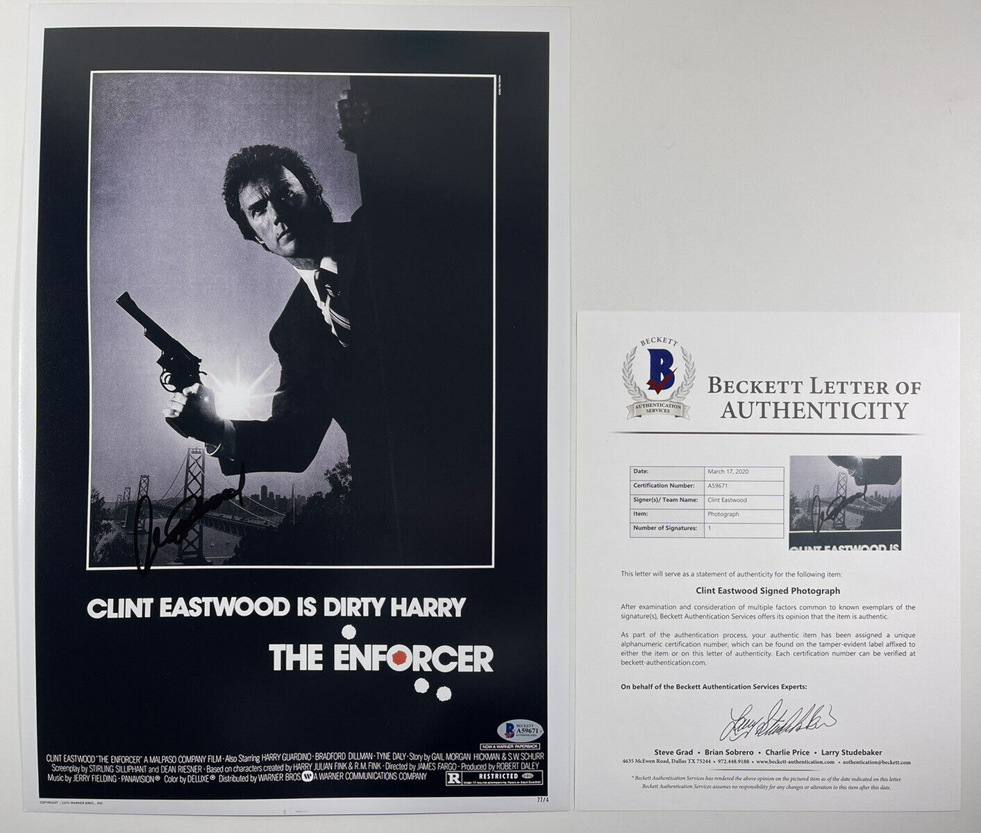CLINT EASTWOOD SIGNED DIRTY HARRY THE ENFORCER 12x18 Photo Poster painting BAS LOA #A59671