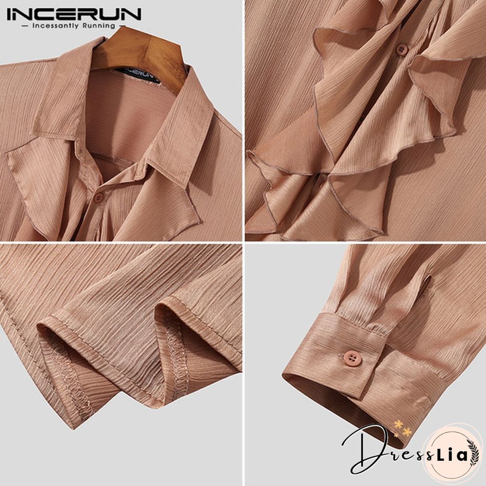 Fashion Men Long Sleeve Silky Shirts Bow Flounce Dance Loose Blouse Tee Tops