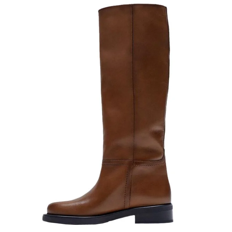 Women's Round Toe knee High Boots Low Heel Full Cowhide Skinny Legs Plus Size Chunky Heel Boots Novameme