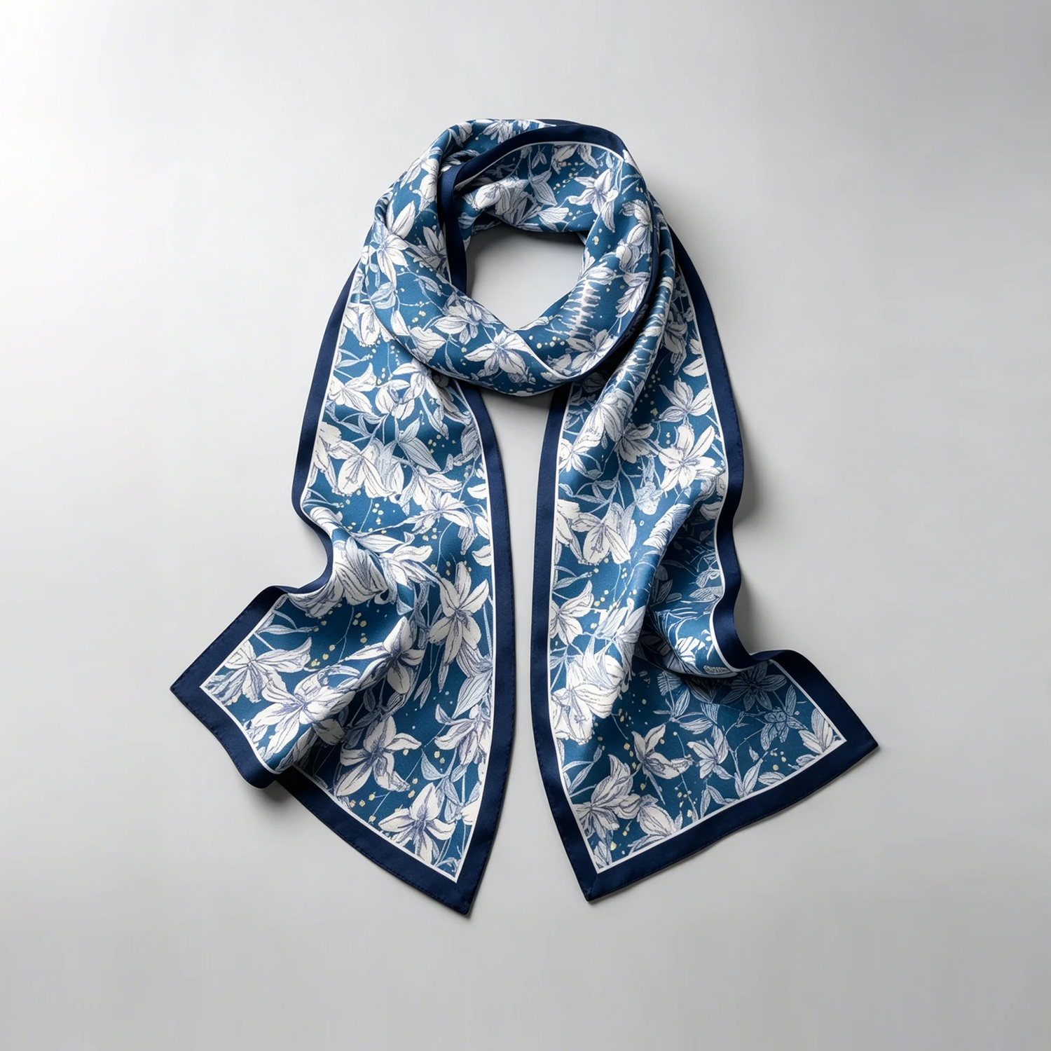 Skinny Silk Scarf Stylish Blue Lily Print 100% Mulberry Silk Long Narrow Sash for Neck, Hair & Bag REAL SILK LIFE