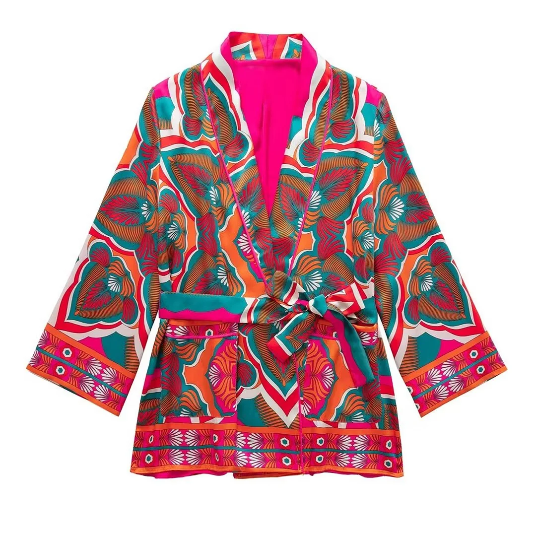 New Women Print Kimono Overd Shirts 2023 Long Pants Set Summer Female 2PCS Sets Casual Top With Belt Street Outwear Mujer