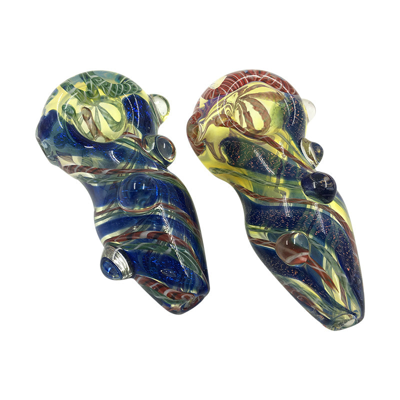 Spoon Pipe Fumed Inside-Out Blue Stripe Frit Has Glass Marbles