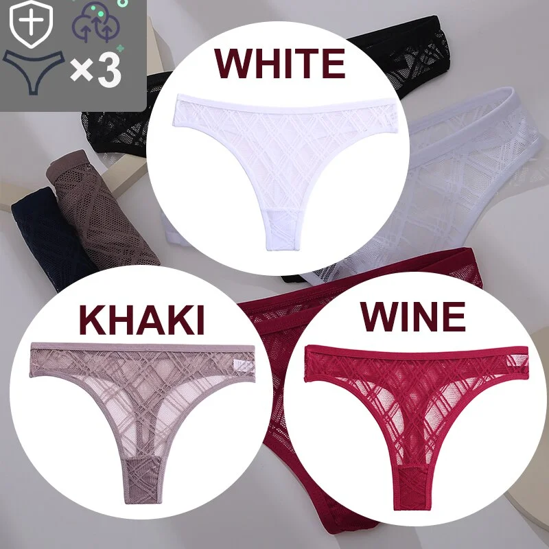 FINETOO 3PCS/Set Sexy Floral Transparent Women Thongs G-string Lingerie Lace Panties Low-Waist Femme Girls Briefs Mesh Pantys