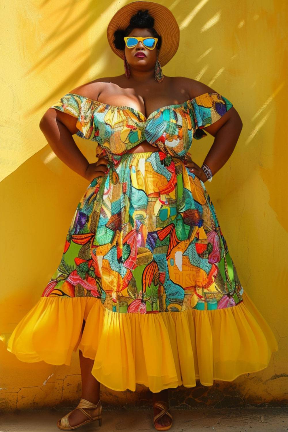Design Plus Size Vacation Casual Yellow Ankara Off The Shoulder Cap Sleeve Cut Out Contrast Maxi Dresses [Pre-Order]