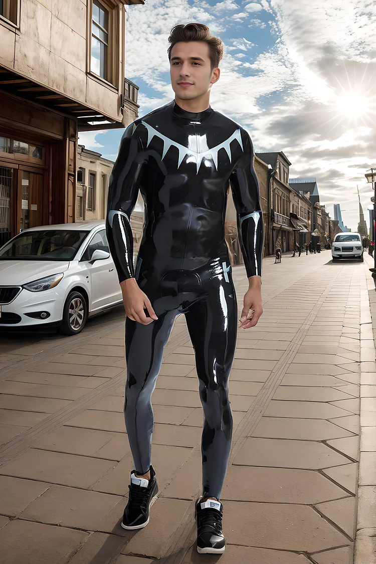 Men Latex Catsuits Male Shark Tooth Look Catsuit Black Color Snug  fit Virile Catsuit- Black & Silver