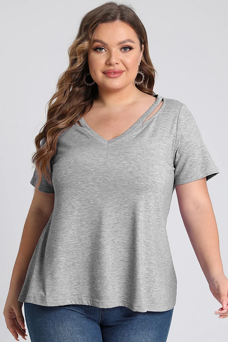 Plus Size Hollowout V Neck Short Sleeve Solid Blouse  Flycurvy [product_label]