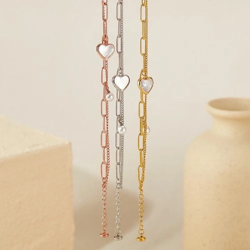 Casual Minimalist Heart Shape Titanium Steel 18K Gold Plated Artificial Pearls Shell Paperclip Chain Bracelets In Bulk
