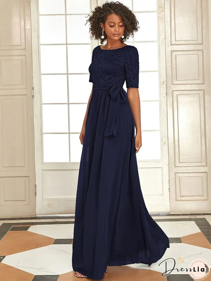 Sophisticated Lace Bodice Chiffon Maxi Evening Gown with Belt for Elegant Occasions