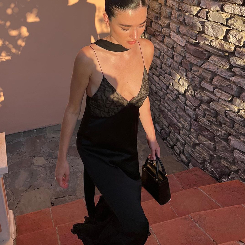 Ootddress Female Mesh Lace Halter Dresses Patchwork Backless Slim Sexy Fashion V-Neck Spaghetti Maxi Dress Women Printed Long Dress