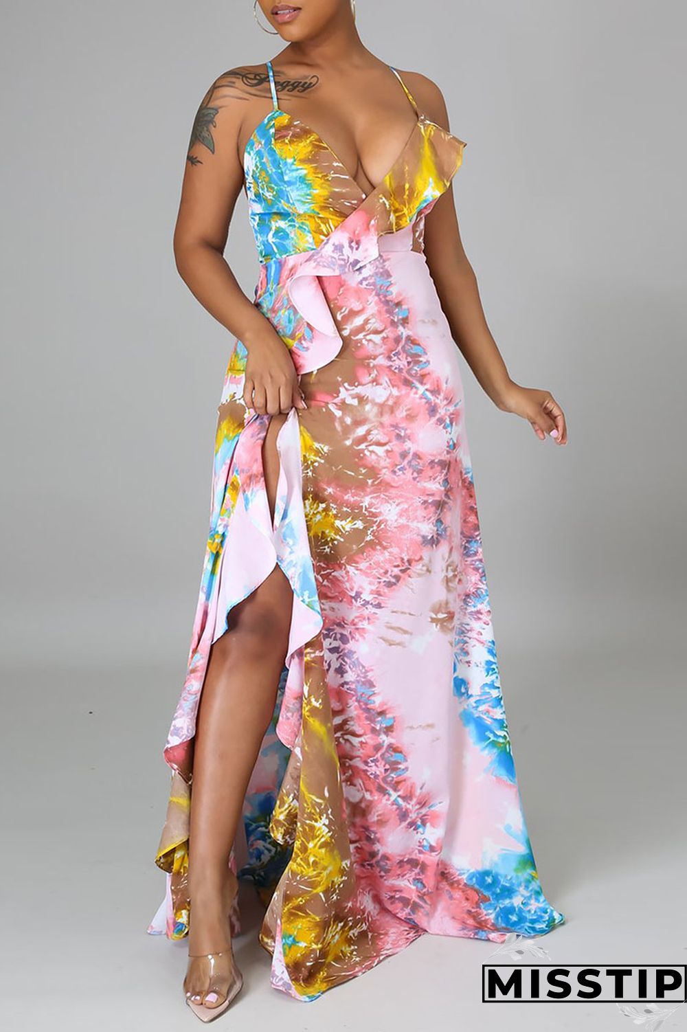 Multicolor Sexy Print Patchwork Backless Flounce Asymmetrical V Neck Sling Dress Dresses