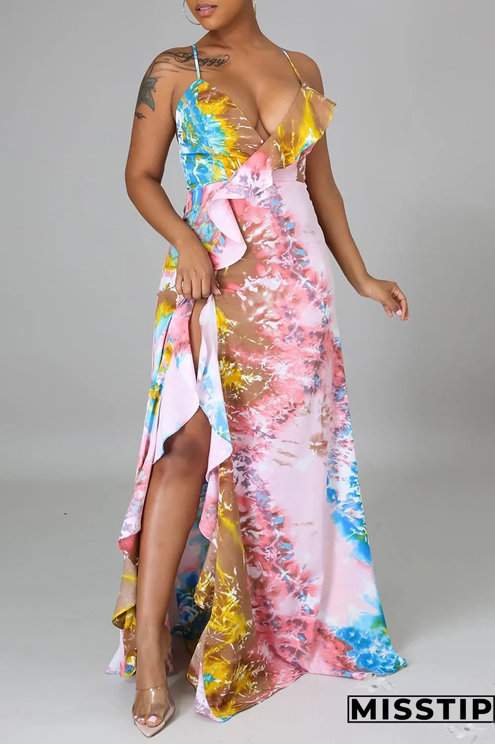 Multicolor Sexy Print Patchwork Backless Flounce Asymmetrical V Neck Sling Dress Dresses