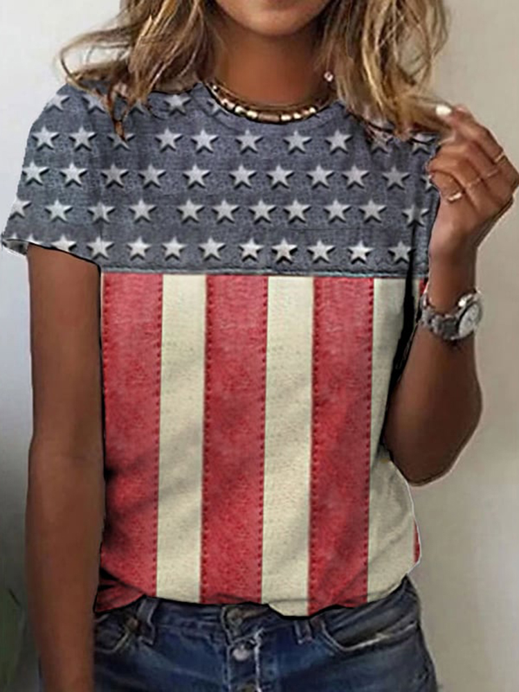 Comstylish Independence Day Flag Printed Short Sleeve Casual T-Shirt