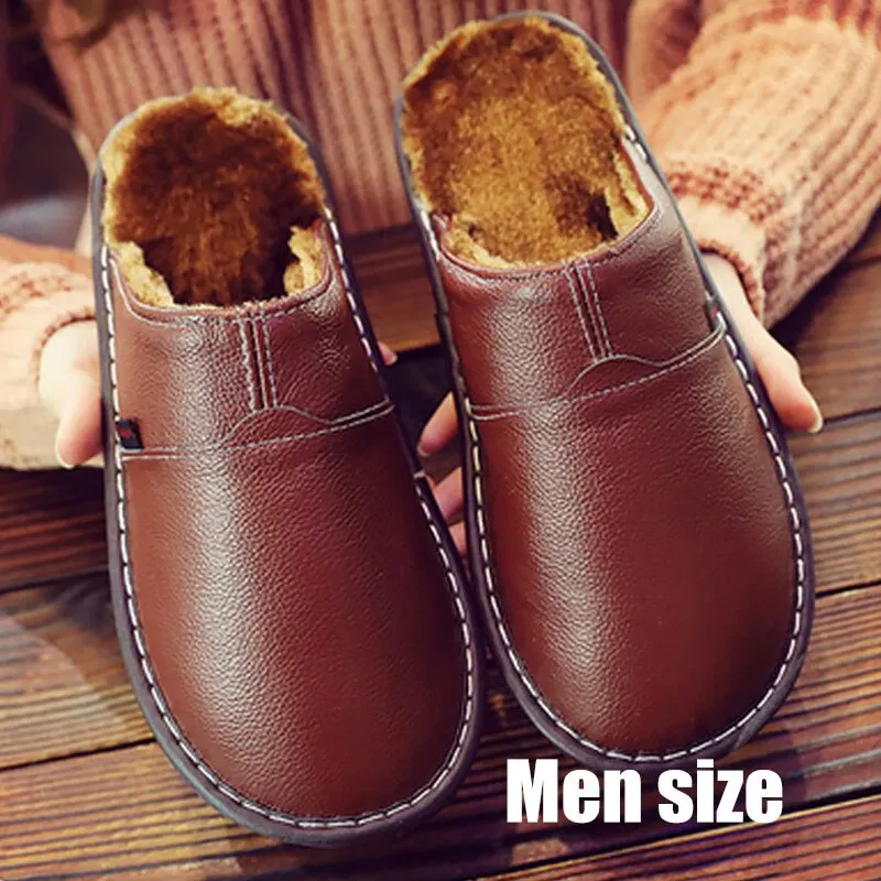 Men's shoes Genuine leather slippers winter superstar sewing Non Slip mens indoor slippers rubber warm house shoes man