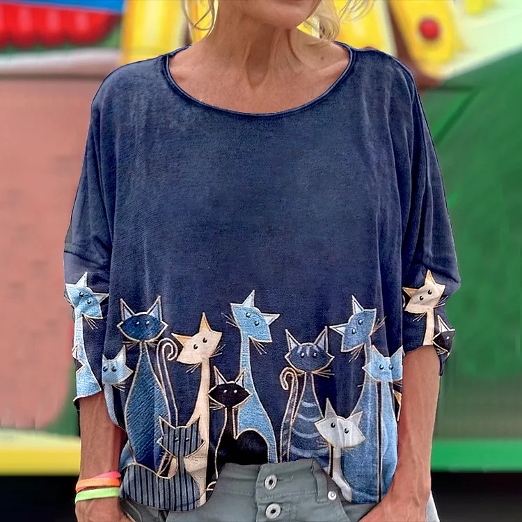 Women's Abstract Geometric Cat Art Print Vintage Linen Crew Neck T-shirt